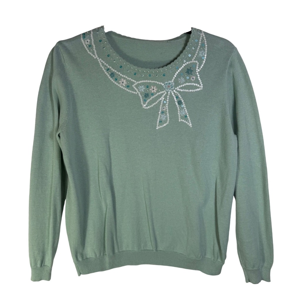 Alfred Dunner Sage Green Sequin Bow Embellished Crewneck Sweater Petite M VTG